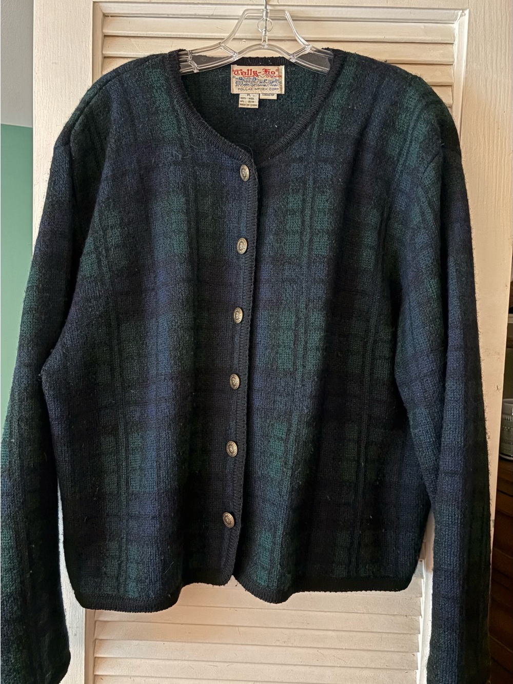 Vintage Wool Plaid Cardigan Sweater - Blackwatch Green/Navy